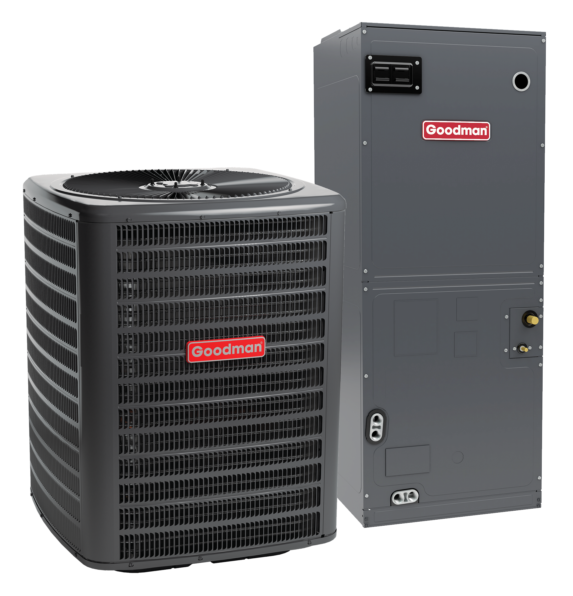 Goodman central air conditioning system consisting of an outdoor condenser unit and an indoor air handler, both labeled with the red Goodman logo.