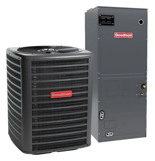Goodman central air conditioning system consisting of an outdoor condenser unit and an indoor air handler, both labeled with the red Goodman logo.