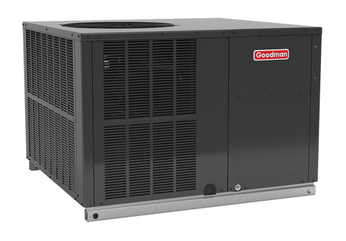 Goodman packaged HVAC unit featuring a sleek black exterior with ventilation panels and the Goodman logo on the front.