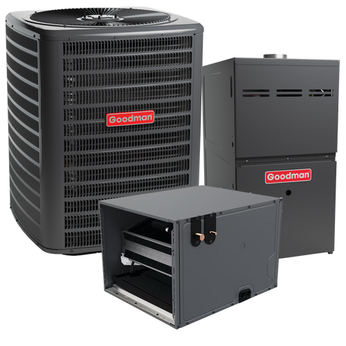 Goodman A/C Condenser, Cased Coil and 80% Gas Furnace, labeled with the red Goodman logo.