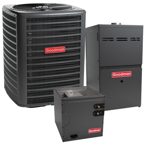 Goodman A/C Condenser, Cased Coil and 80% Gas Furnace, labeled with the red Goodman logo.