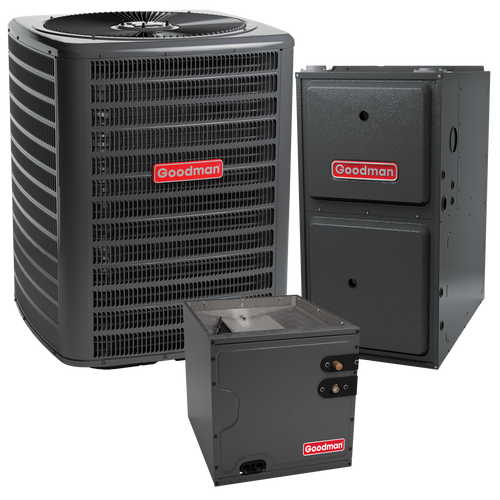 Goodman A/C Condenser, Cased Coil and 80% Gas Furnace, labeled with the red Goodman logo.