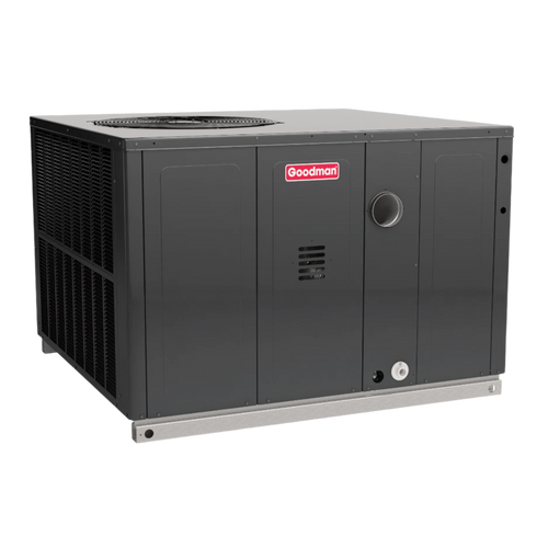 Goodman packaged HVAC unit featuring a sleek black exterior with ventilation panels and the Goodman logo on the front.