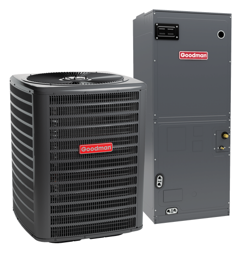 Goodman central air conditioning system consisting of an outdoor condenser unit and an indoor air handler, both labeled with the red Goodman logo.