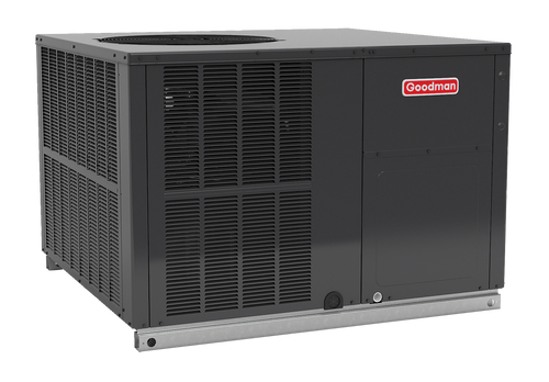Goodman packaged HVAC unit featuring a sleek black exterior with ventilation panels and the Goodman logo on the front.
