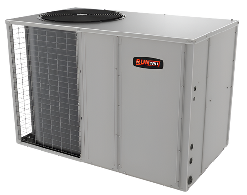 RunTru by Trane packaged HVAC unit featuring a Strong Metal exterior with ventilation panels and the RunTru by Trane logo on the front.