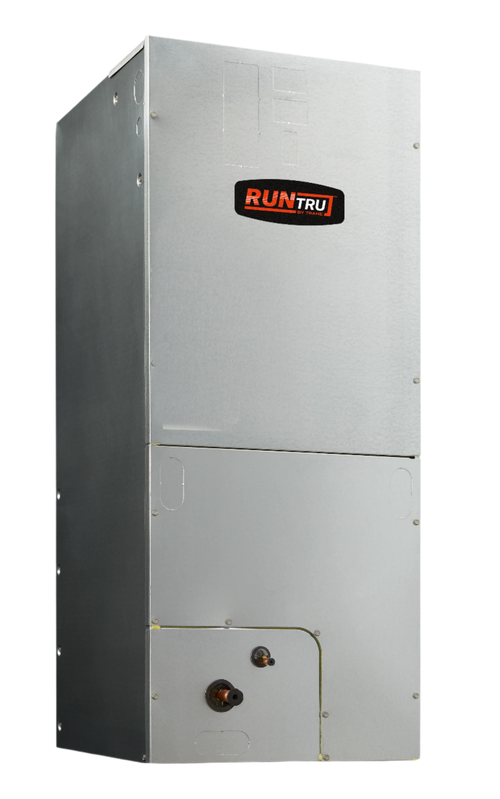 RunTru by Trane central heat pump consisting of an indoor air handler, labeled with the Orange Runtru by Trane logo.