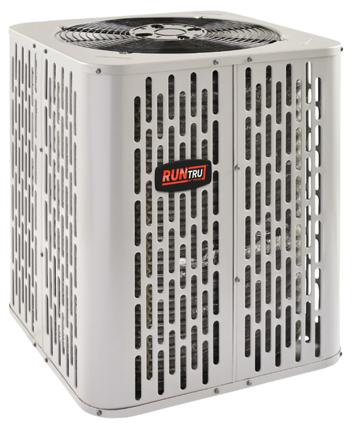 RunTru by Trane central Air Conditioner condenser unit labeled with the Orange Runtru by Trane logo.