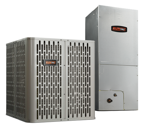 RunTru by Trane central Air Conditioner System unit labeled with the Orange Runtru by Trane logo.