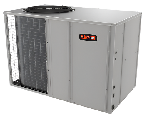 RunTru by Trane packaged HVAC unit featuring a Strong Metal exterior with ventilation panels and the RunTru by Trane logo on the front.